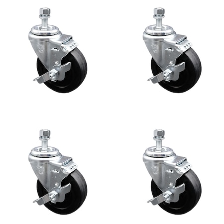 Service Caster 4 Inch SS Soft Rubber Wheel Swivel 10mm Threaded Stem Caster Set Brake SCC SCC-SSTS20S414-SRS-TLB-M1015-4